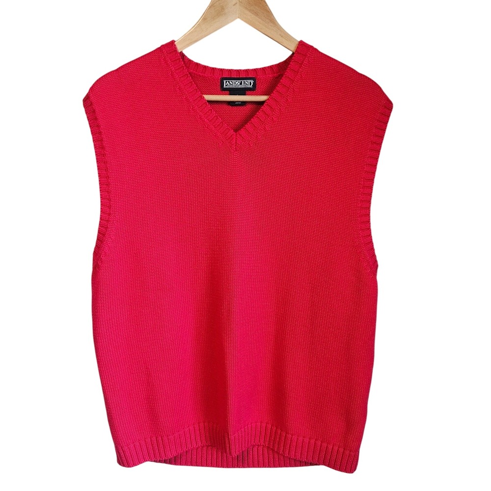 Lands' End Sweater Vest Mens L Red Cotton Knit‎ V Neck Pullover Preppy Old Money